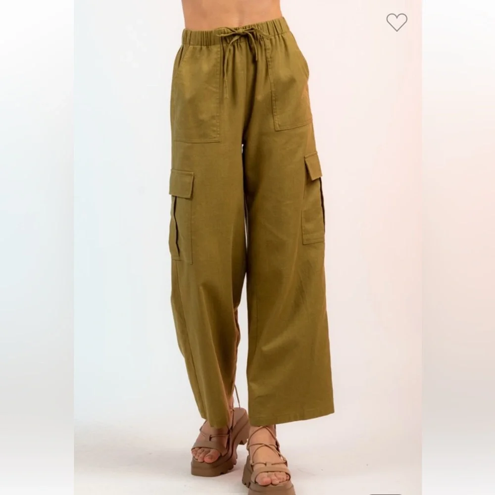 High Waisted Woven Draw String Wide Leg Cargo Pants - Picture 6 of 6